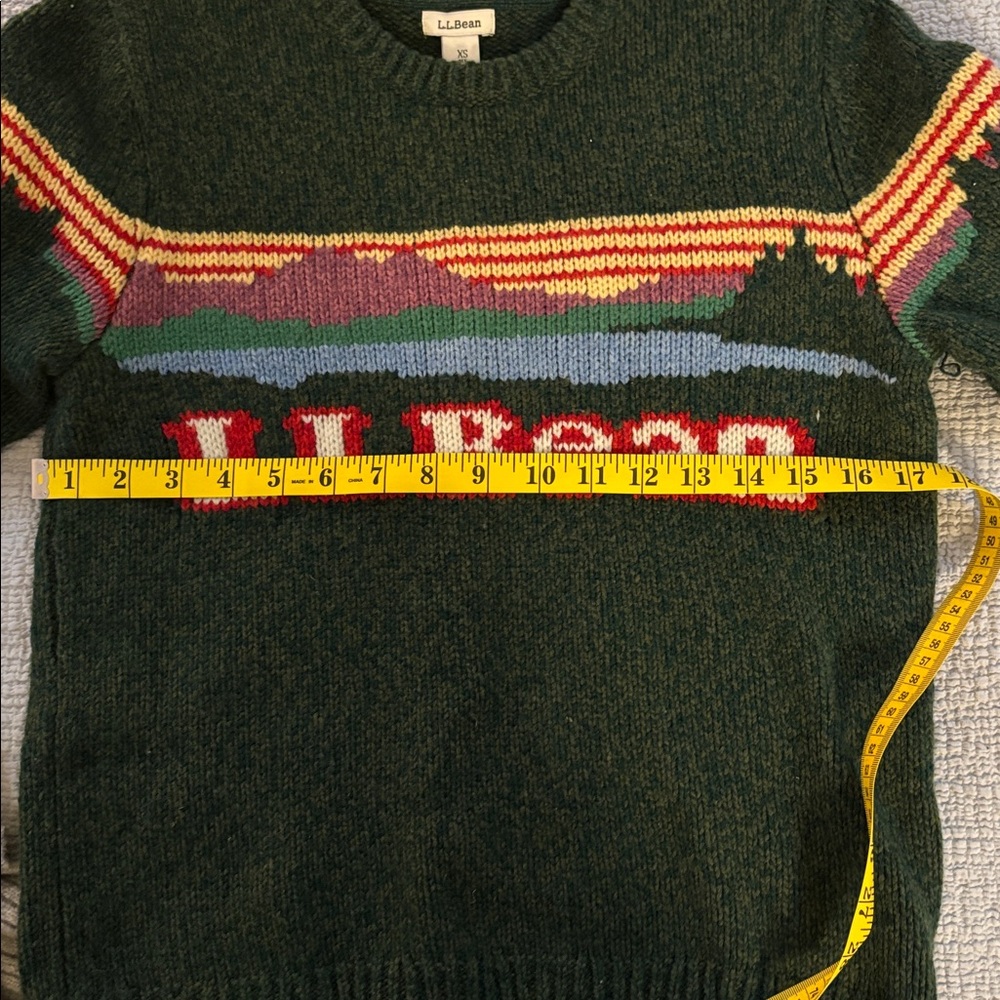 L.L.Bean Forest Green Lamb’s Wool Crewneck Sweater with Multicolor Scenic Stripe - Picture 5 of 6